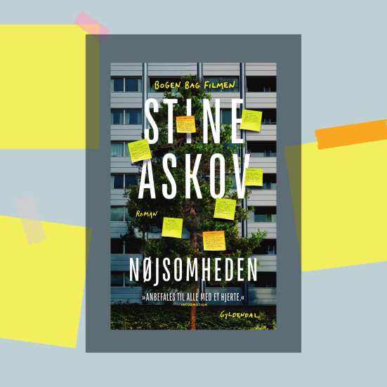 Forside af romanen Nøjsomheden med post-its.